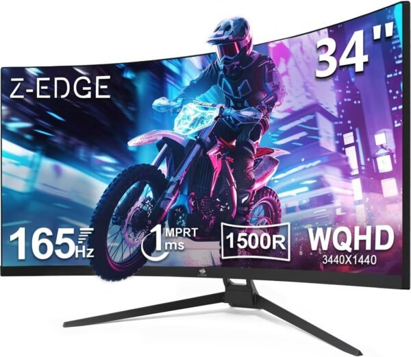 Z-Edge UG34 34 吋 超寬2K 曲面遊戲顯示器,165Hz 刷新率,21:9 長寬比,1ms MPRT,3440x1440 解析度,1500R 曲率,VA 面板,178 視角