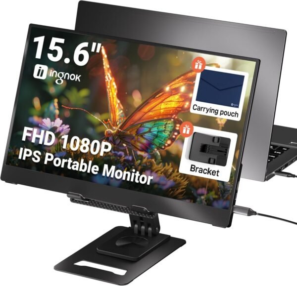 可攜式顯示器,超薄 15.6 吋 FHD IPS 筆記型電腦螢幕延伸器,附可調式支架,相容於 USB C ,非常適合旅行和辦公室