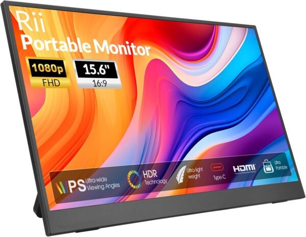 Rii 可攜式顯示器,15.6 吋 1080P FHD USB-C HDMI,超薄IPS HDR 顯示器,附支架和內建喇叭,適用於筆記型電腦/個人電腦/手機/Mac/Xbox/Switch/PS4/PS5