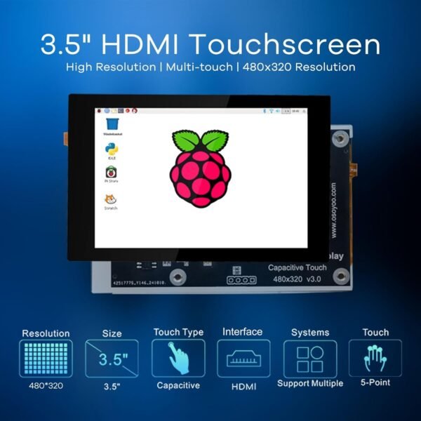 OSOYOO 3.5 吋 HDMI 電容式觸控螢幕,適用於 Jetson Nano/Raspberry Pi 5、4、3B / PC、Pulg 和播放,相容於 Windows 11 10 8 7、Raspberry Pi OS、Ubutun、Kali：圖片 2