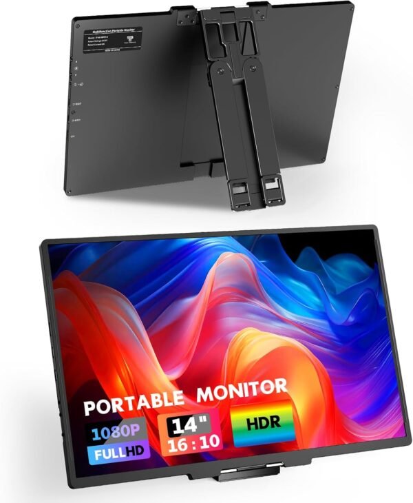 14 吋可攜式顯示器 1080P FHD IPS 電腦顯示器,第二個外接遊戲顯示器 USB-C HDMI 超薄旅行監視器 適用於筆記型電腦、PC、Mac、手機、PS、Xbox、Switch,附內建支架/皮革袋