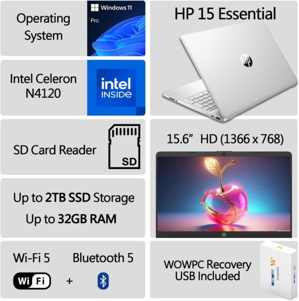 HP 最新的 15 吋筆記型電腦,Intel Celeron N4120 四核心處理器,32GB RAM,2TB SSD,15.6 吋 HD Micro Edge LED 顯示器,快速充電,SD 讀卡器,Windows 11 Pro,WOWPC 恢復 USB：圖片 2