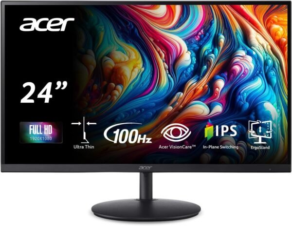 Acer Acer SH242Y Ebmihx 24 吋 FHD 1920x1080 家庭辦公室超薄 IPS 電腦顯示器 | AMD FreeSync | 100Hz | 零框架 | 高度/旋轉/傾斜可調式支架 | 內建喇叭 | HDMI 1.4 和 VGA 連接埠