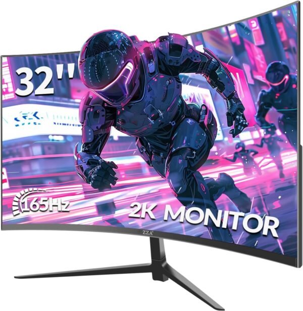 ZZA 32 吋 QHD 曲面遊戲顯示器 - 2K 解析度,165Hz 刷新率,1 毫秒回應時間,FreeSync 和 G-Sync,HDR10,122% sRGB 覆蓋範圍,DP/HDMI,VESA 安裝支架