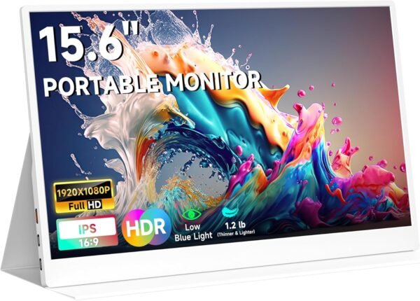 AYY 可攜式顯示器 15.6 吋 1080P FHD, USB-C HDMI 電腦顯示器,HDR IPS 遊戲螢幕,附優質智慧型保護套和螢幕保護貼,雙喇叭,適用於筆記型電腦 PC MAC 手機 PS4 Xbox Switch 白色