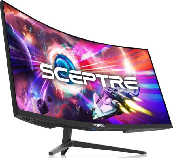 Sceptre 34 英吋(約 34 公分)曲面超寬WQHD 顯示器 3440 x 1440 R1500 高達 165Hz DisplayPort x2 99% sRGB 1ms 按圖片圖片顯示,機器黑色 2023 (C345B-QUT168)