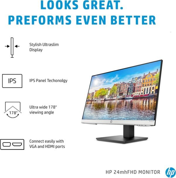 HP 24mh FHD 顯示器 - 電腦顯示器 配有 23.8 英吋 IPS 螢幕 (1080p) - 內建揚聲器和 VESA 安裝支架 - 可進行高度/傾斜調節以獲得符合人體工學原理的觀看體驗 - HDMI 和 DisplayPort - (1D0J9AA#ABA)：圖片 2