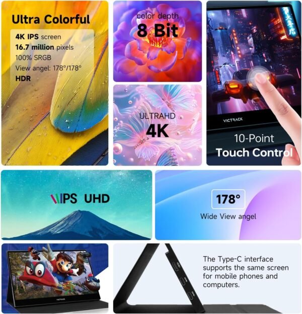 Victrack 4K 觸控螢幕 Pro 電競可攜式顯示器,13.3 吋 Ultra UHD (3840*2160),適用於手持遊戲電腦,風格如 ASUS Rog Ally,Lenovo Legion go,100% RGB IPS 顯示器 HDR 旅行監視器智慧型保護套：圖片 2